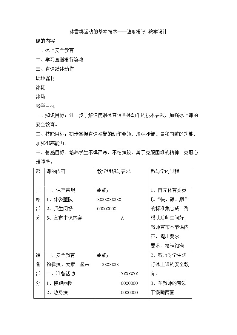 【高效备课】华东师大版 初中七年级 体育与健康 第六章 第二课时 冰雪类运动的基本技术——速度滑冰 教案01