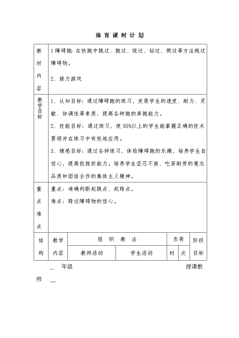 初中体育与健康人教版 初二障碍跑教案第1页
