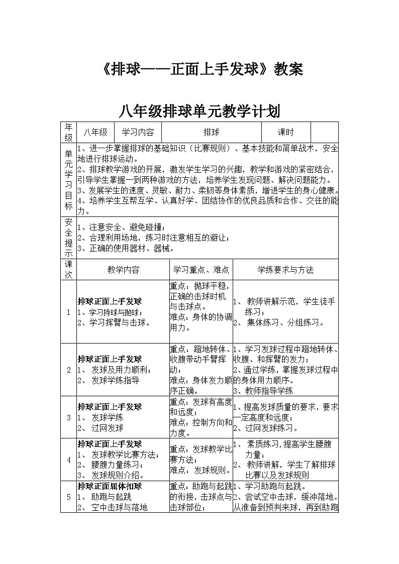 人教版八年级 体育与健康 第五章 正面上手发球(教案)第1页