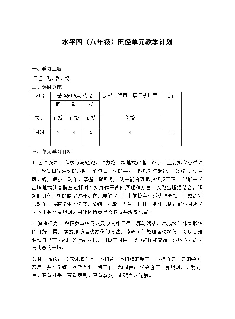33水平四 八年级 田径单元18课时计划-《田径:跨越式跳高》教案01