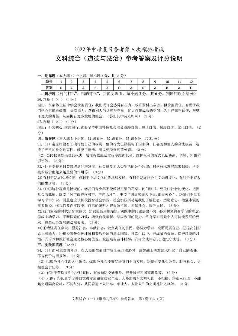 2022年贵州省铜仁市万山区第三次中考模拟 文综答案第1页