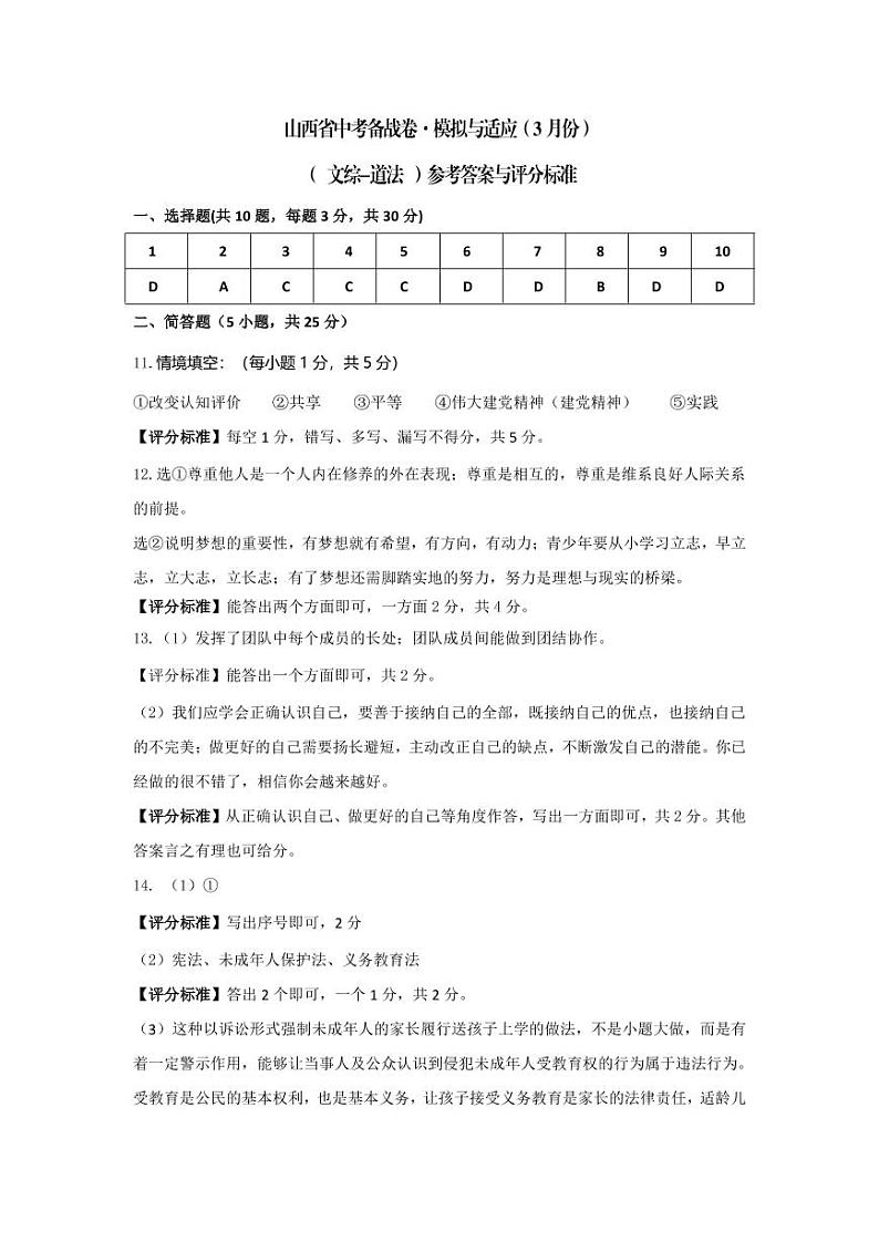 2023年山西省中考备战卷·模拟与适应 文综试题及答案01