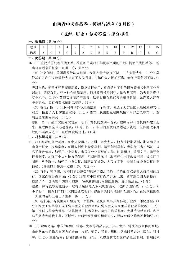 2023年山西省中考备战卷·模拟与适应 文综试题及答案01