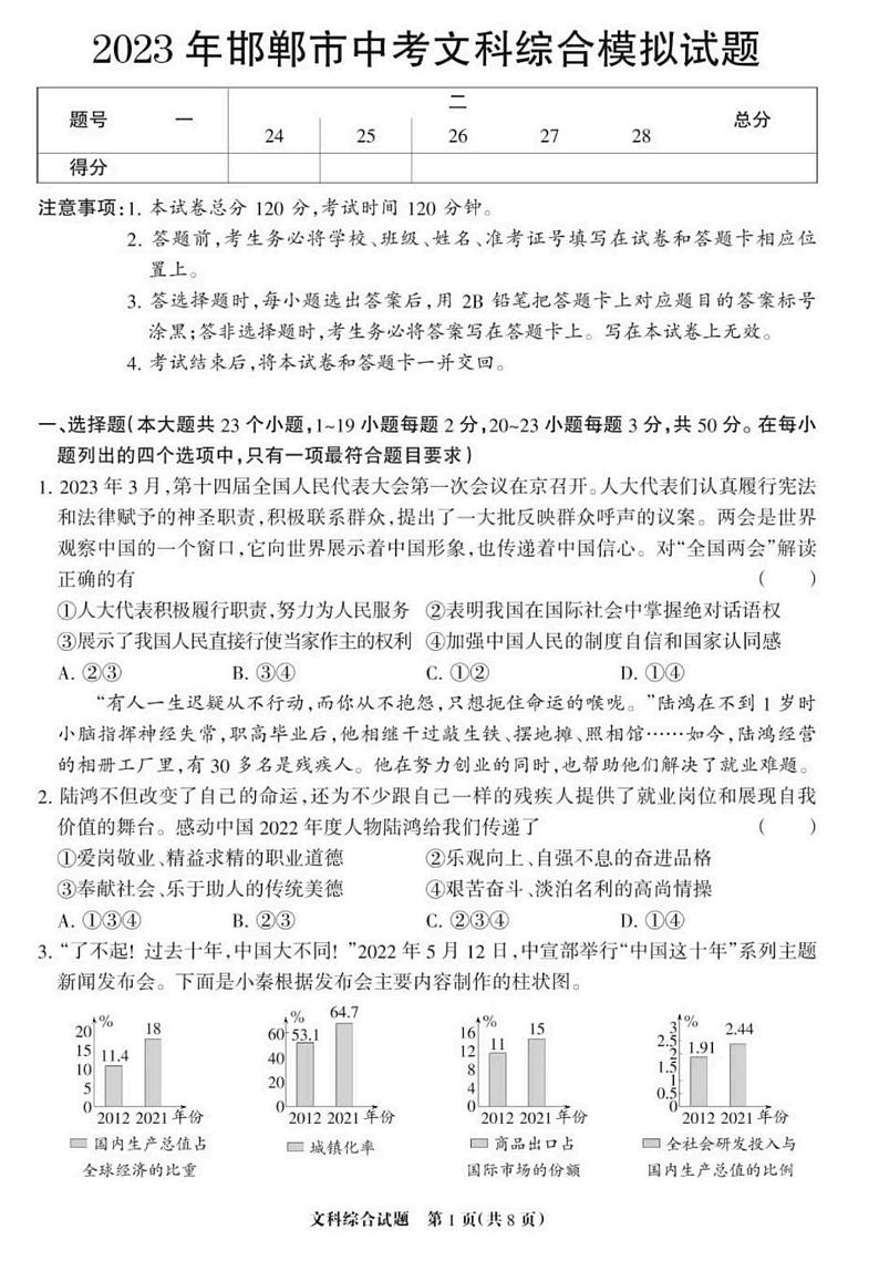 2023年中考-河北省邯郸市二模-文综试题-(含答案)第1页
