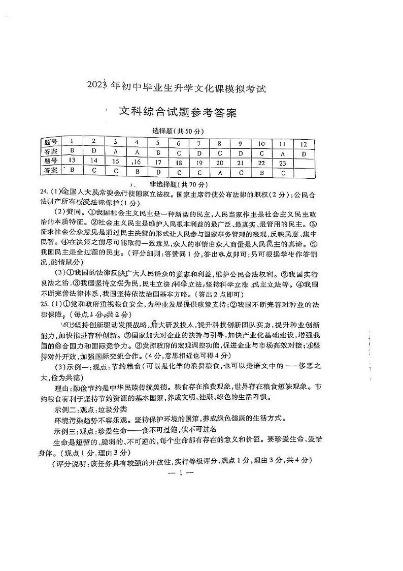 2023年初中毕业生升学文化课模拟考试-文综试题+答案01