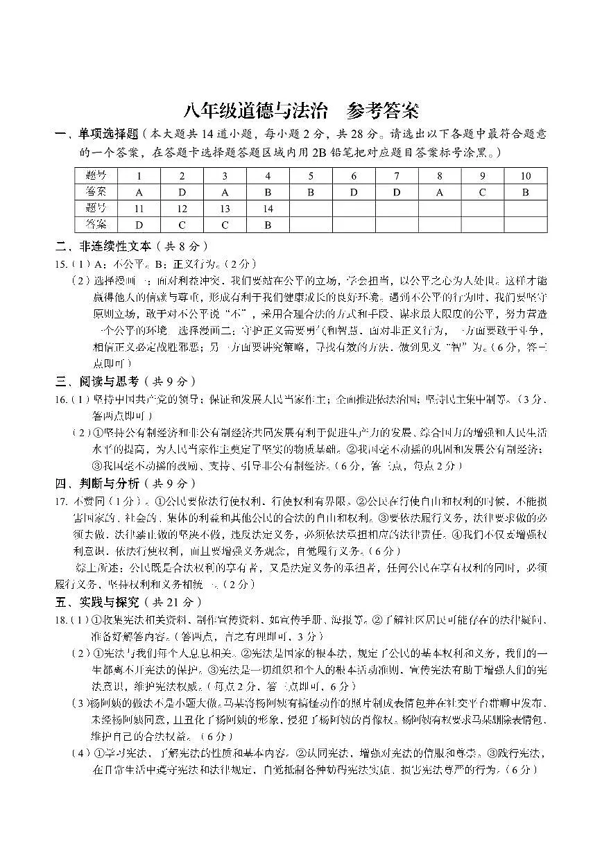 八年级道德与法治 75分 参考答案第1页