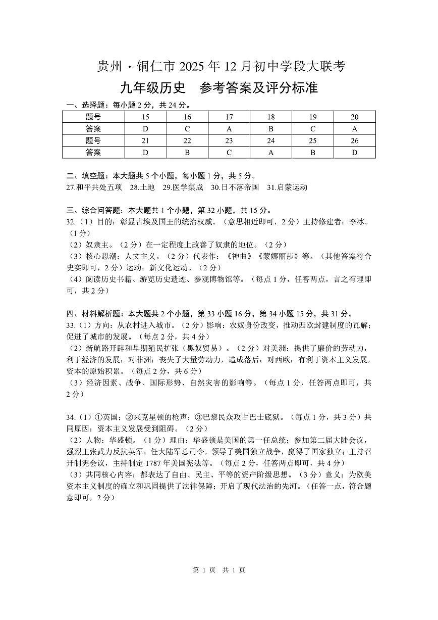 大联考-九年级历史-参考答案及评分标准第1页
