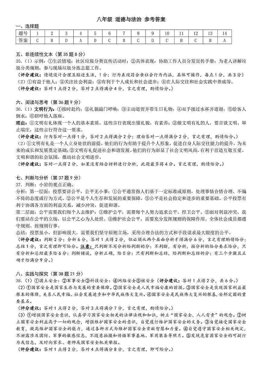 八上道德与法治 参考答案第1页