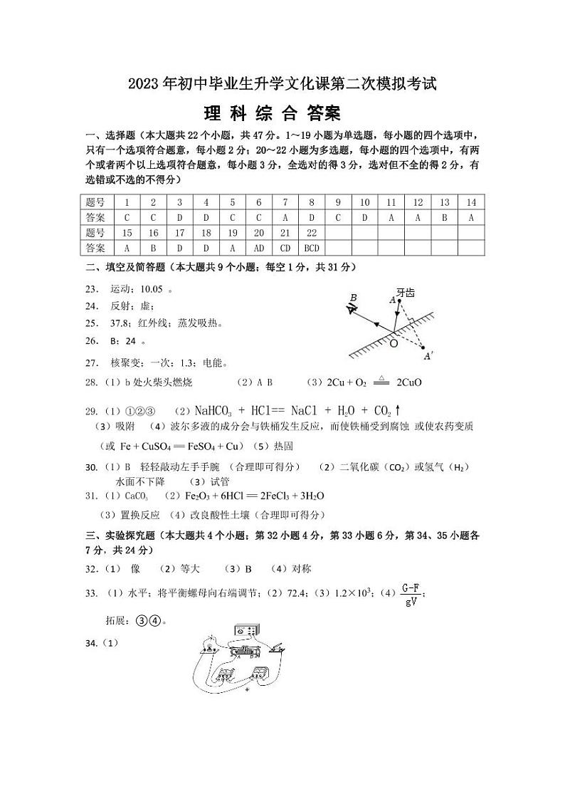 2023年中考河北省-迁安市二模理科综合试题+答案01