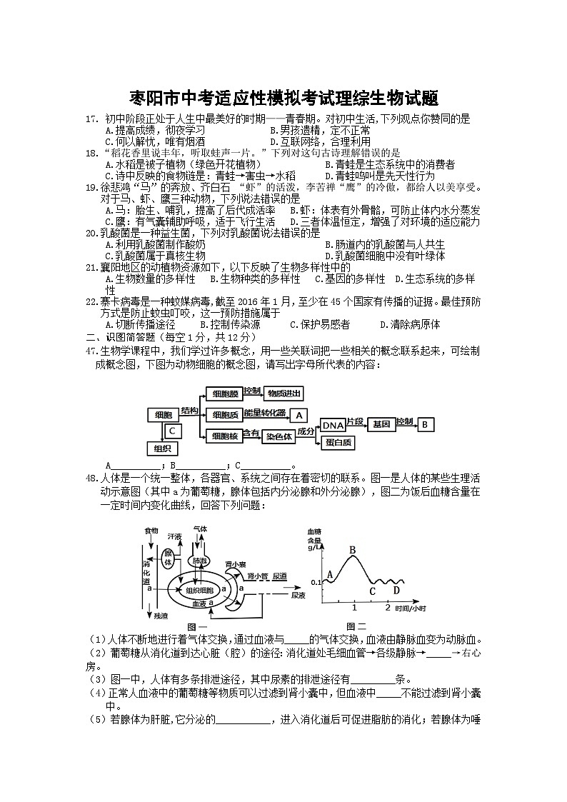 【全套精品专题】初中生物复习专题精讲 枣阳市中考适应性模拟考试理综生物试题(有答案)_试题_试卷第1页