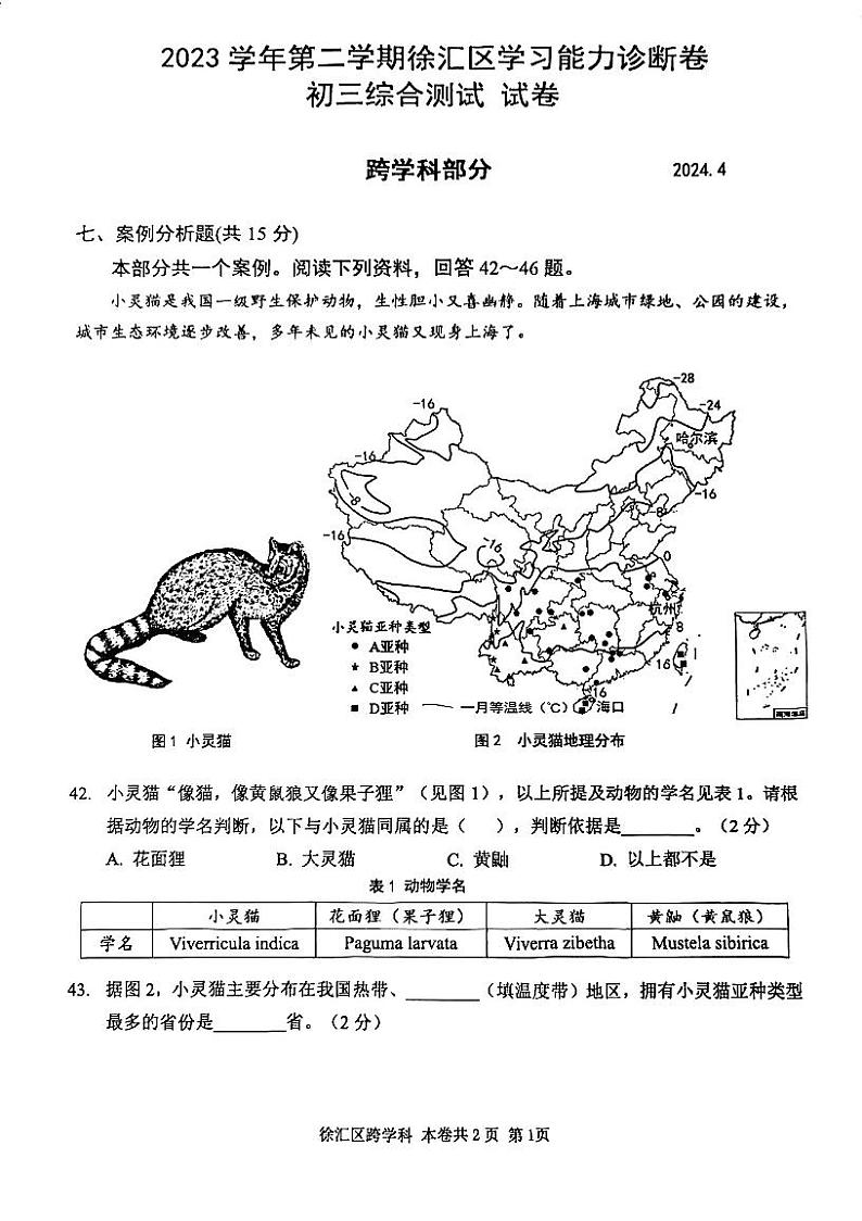 2024届徐汇区初三二模综合试卷(跨学科部分)无答案第1页