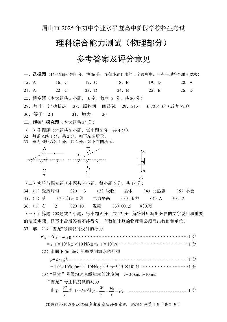 2025物理（正）答案第1頁