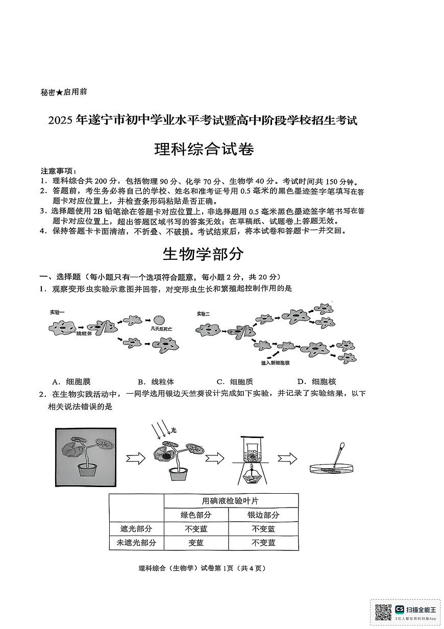2025年四川省遂寧市中考理綜-生物真題第1頁