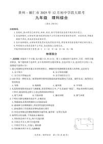 铜仁市2025年12月初中学段大联考20校联考-九年级上册理综试卷+答题卡+答案