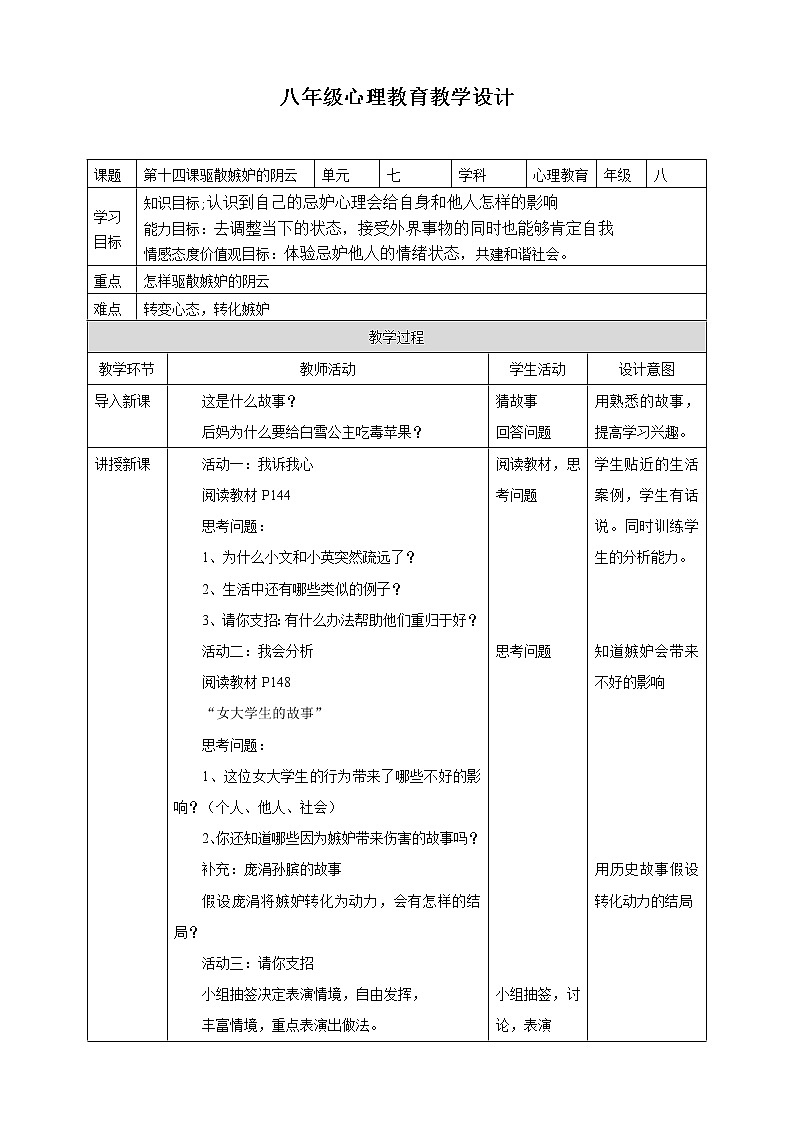 北师大版八年级心理健康 14 驱散嫉妒的阴云 课件PPT+教案+视频素材01