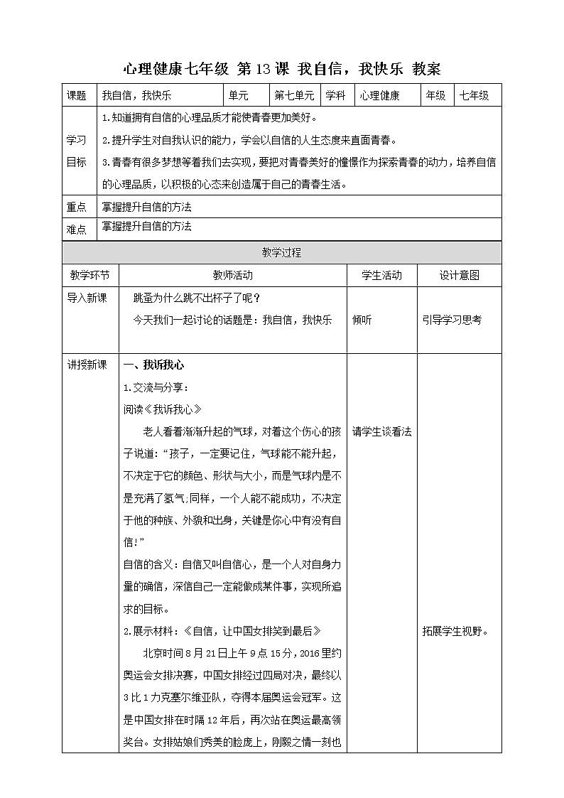 北师大版心理健康七年级 13 我自信,我快乐 课件PPT+教案+视频素材01