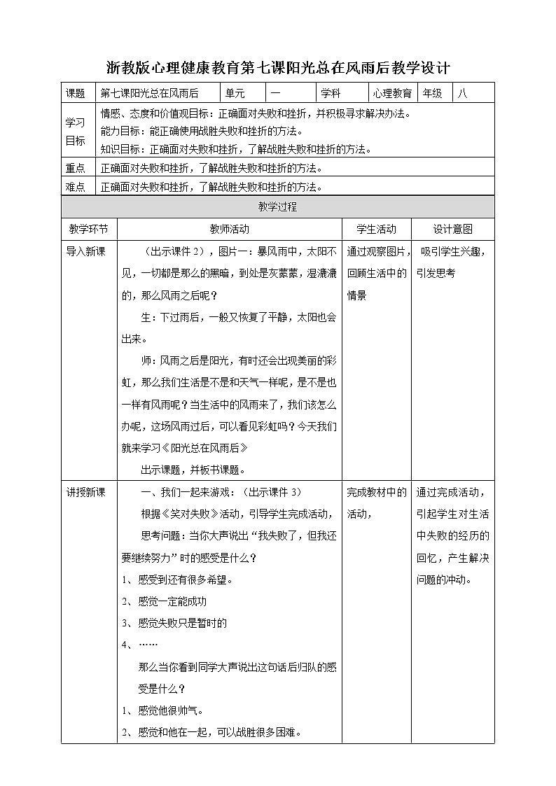 八年级心理健康第七课阳光总在风雨后 课件+教案01