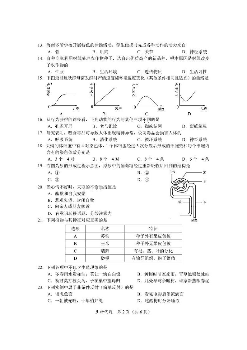 2021年海南省中考生物真题卷及答案(pdf版)02