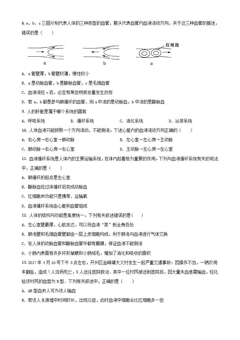 精品解析：人教版2020-2021學年七年級下冊生物單元測試（提高卷）：第4章  人體內物質的運輸（原卷版）第2頁