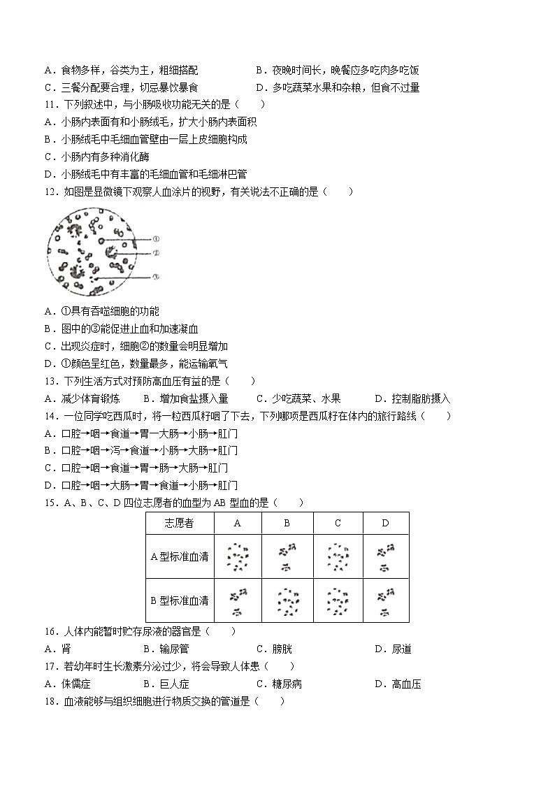 安徽省合肥市瑤海區(qū)2020-2021學(xué)年七年級下學(xué)期期末生物試題（word版 含答案）第2頁