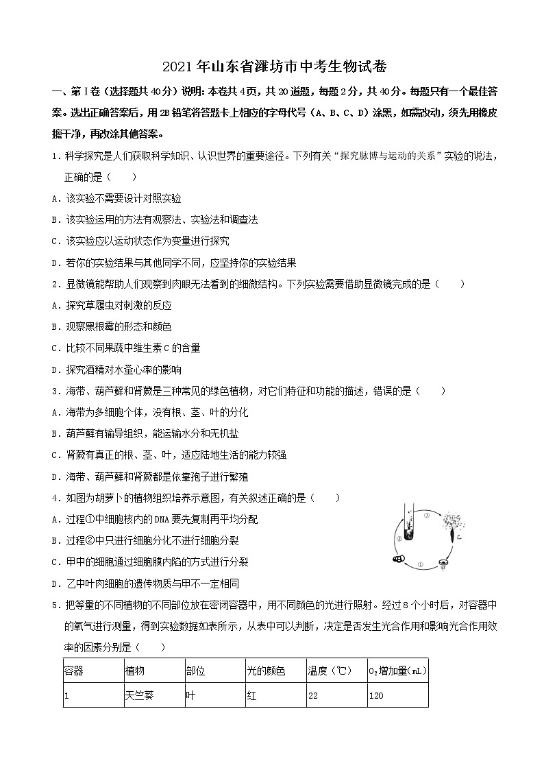 2021年山东省潍坊市中考(会考)生物真题及参考答案第1页
