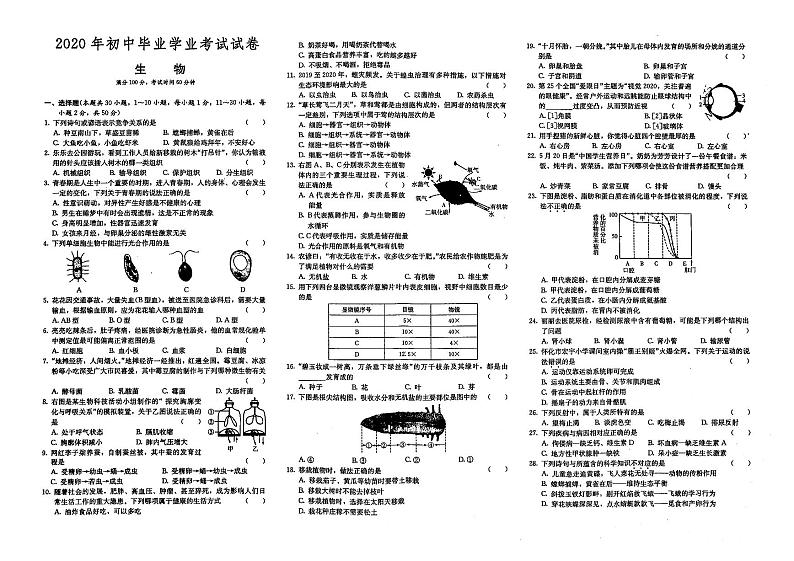 (怀化市)人教版2020年八年级《生物》初中毕业学业水平考试真题卷第七套(有答案解析)01