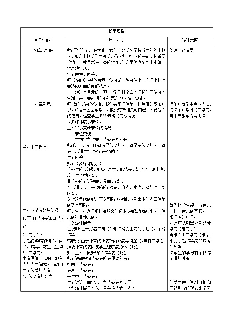 人教版生物八年级下册8.1.1传染病及其预防教案02