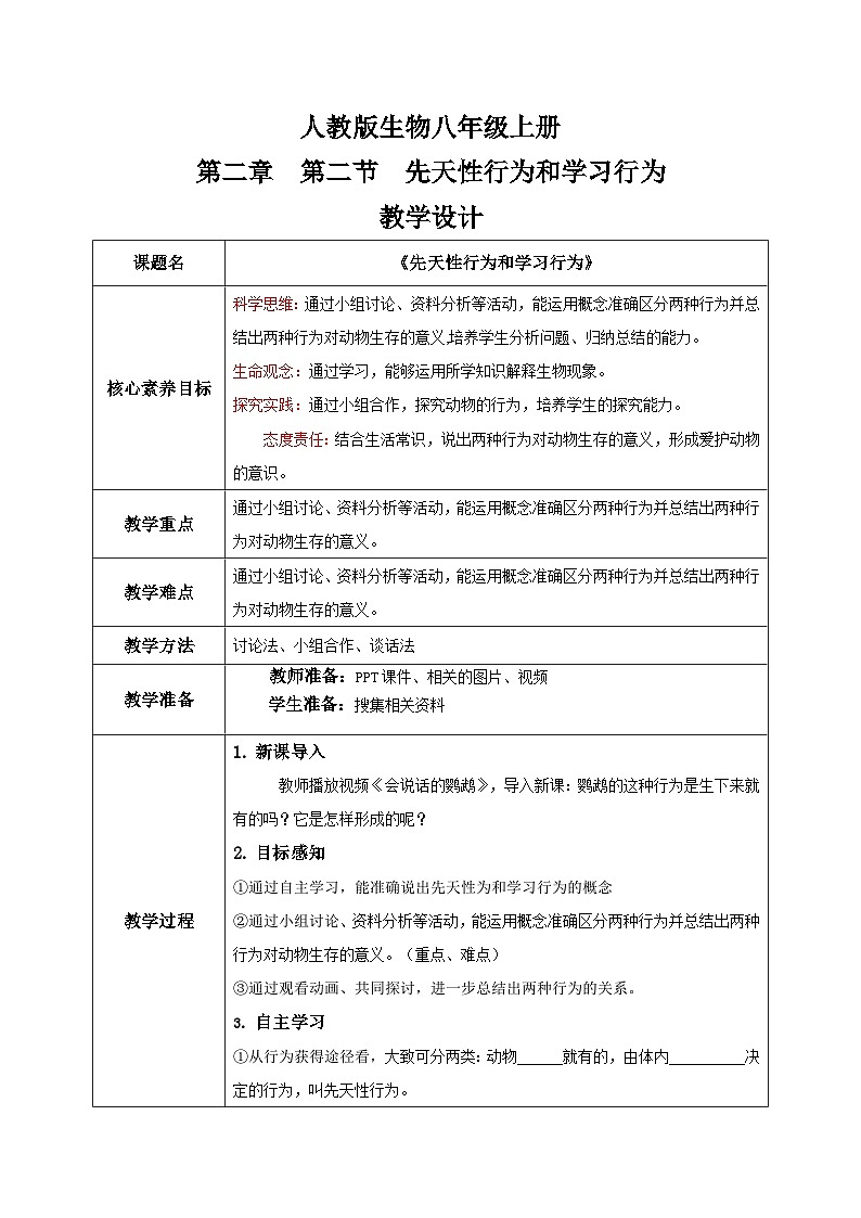 【核心素养目标】人教版初中生物八年级上册5.2.2《先天性行为和学习行为》课件+视频+教学设计+同步分层练习(含答案)01