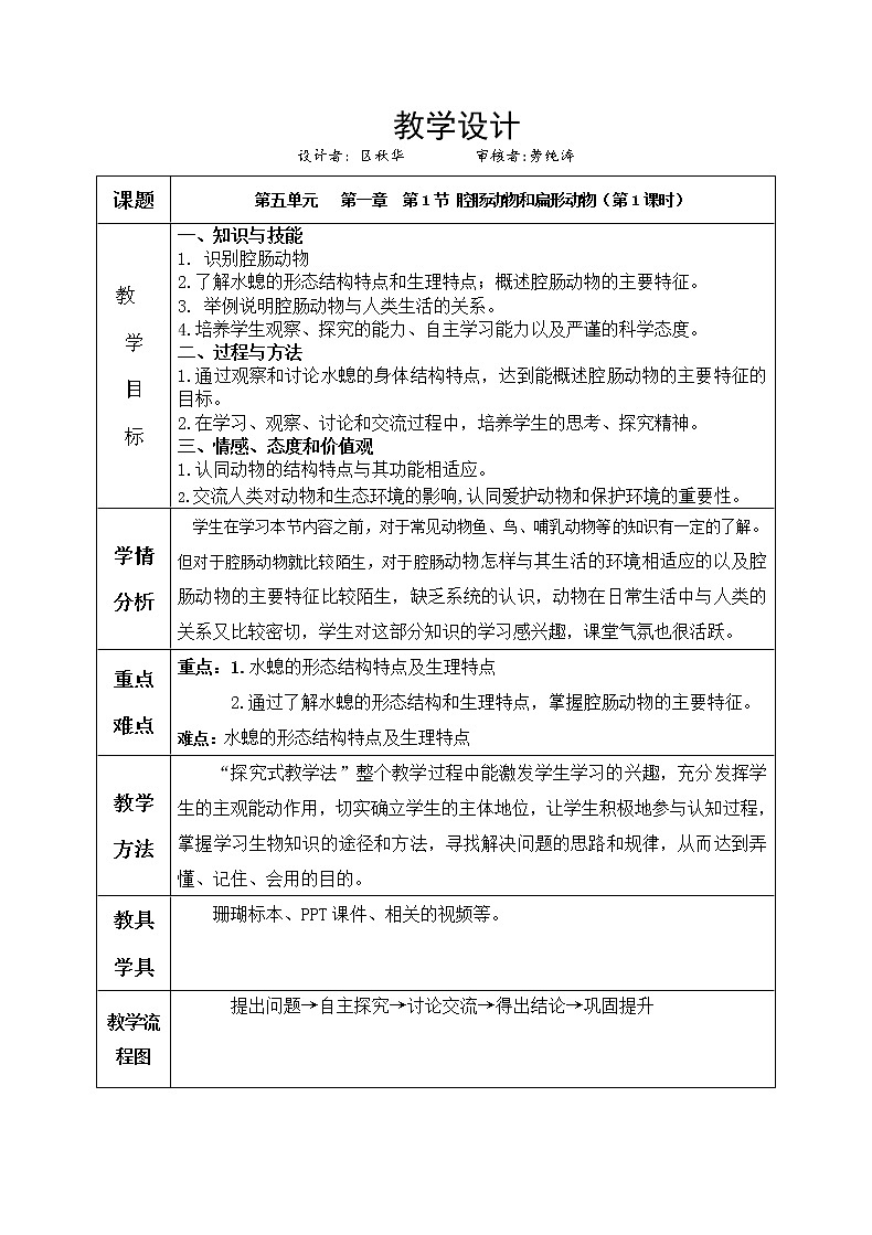 冀教版七年級生物上冊第四章《第二節(jié) 腔腸動物和扁形動物》教案第1頁