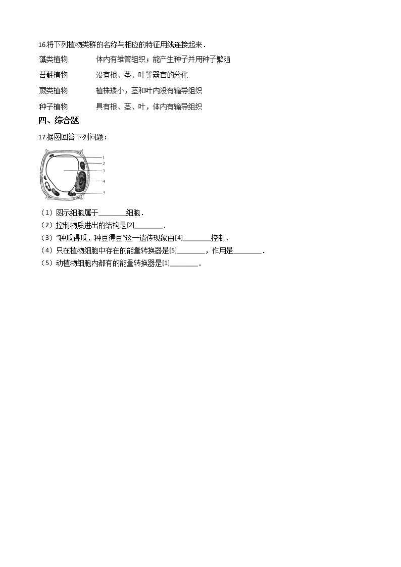 1.2.3 多细胞生物体的结构和层次 同步测试（含解析）03