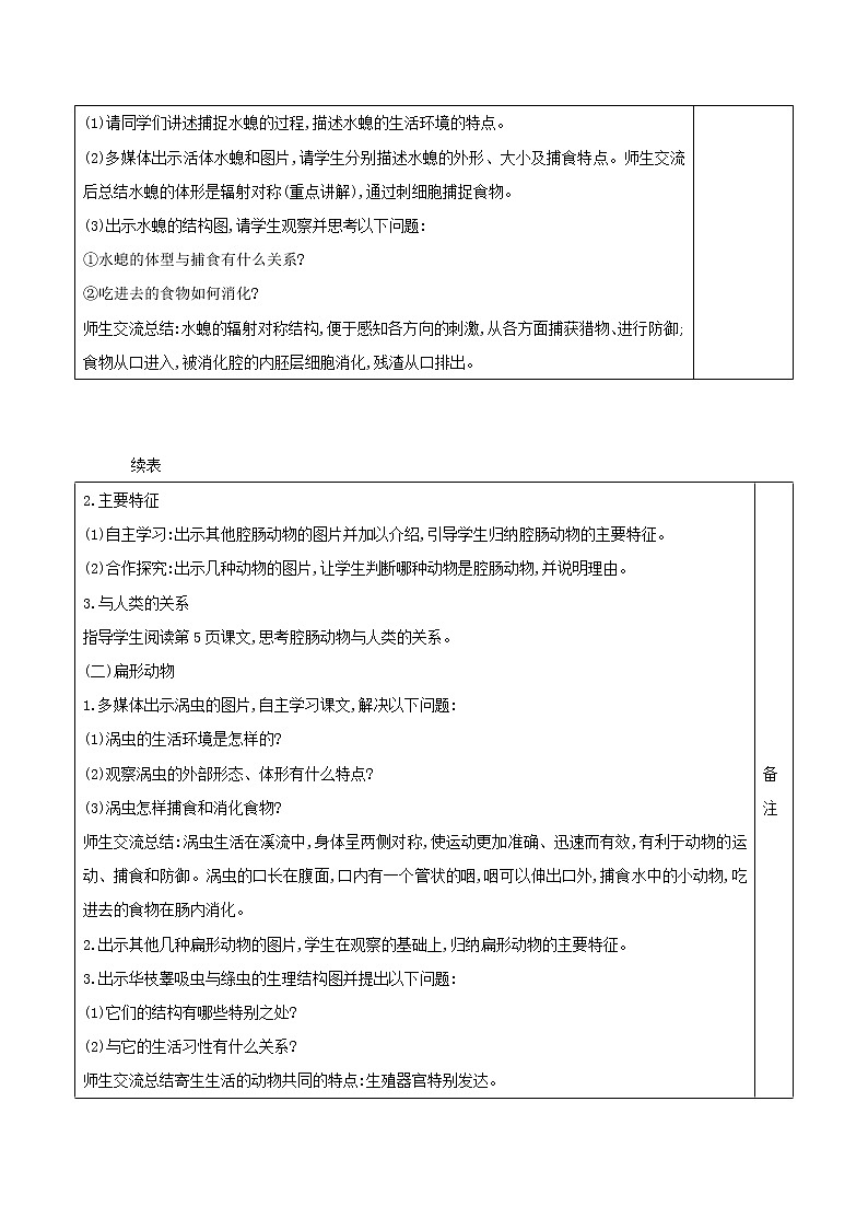 5.1.1 腔肠动物和扁形动物 表格式教案02