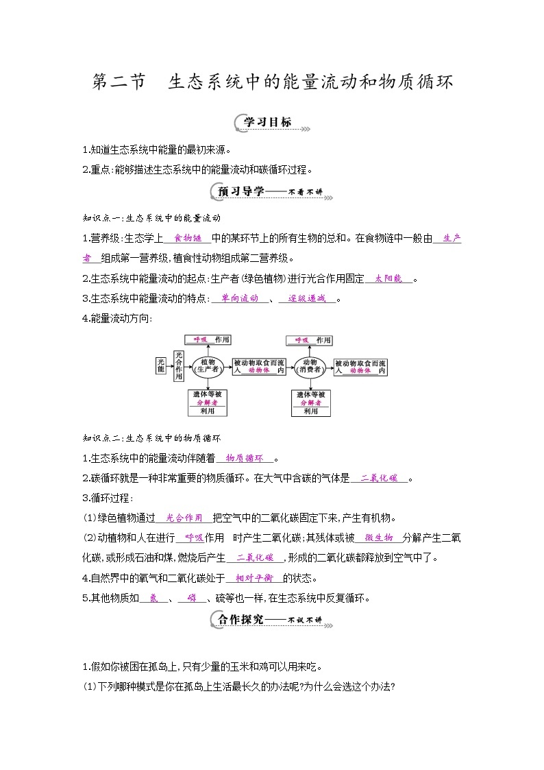 八年级生物上册第十九章第二节《生态系统的能量流动和物质循环》导学案01