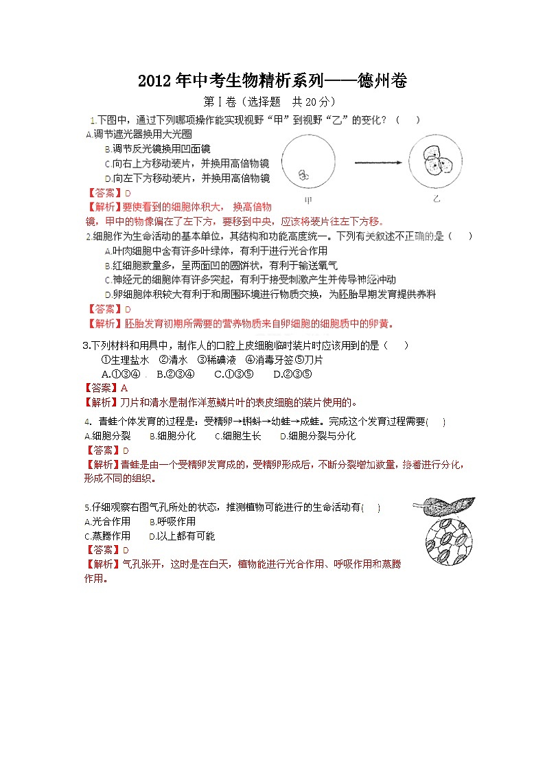 2012年中考生物精析系列——德州卷第1頁