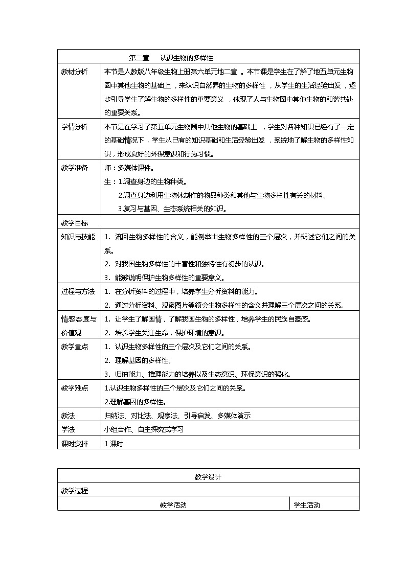 6.2 认识生物的多样性 教案 人教版八年级上册生物01