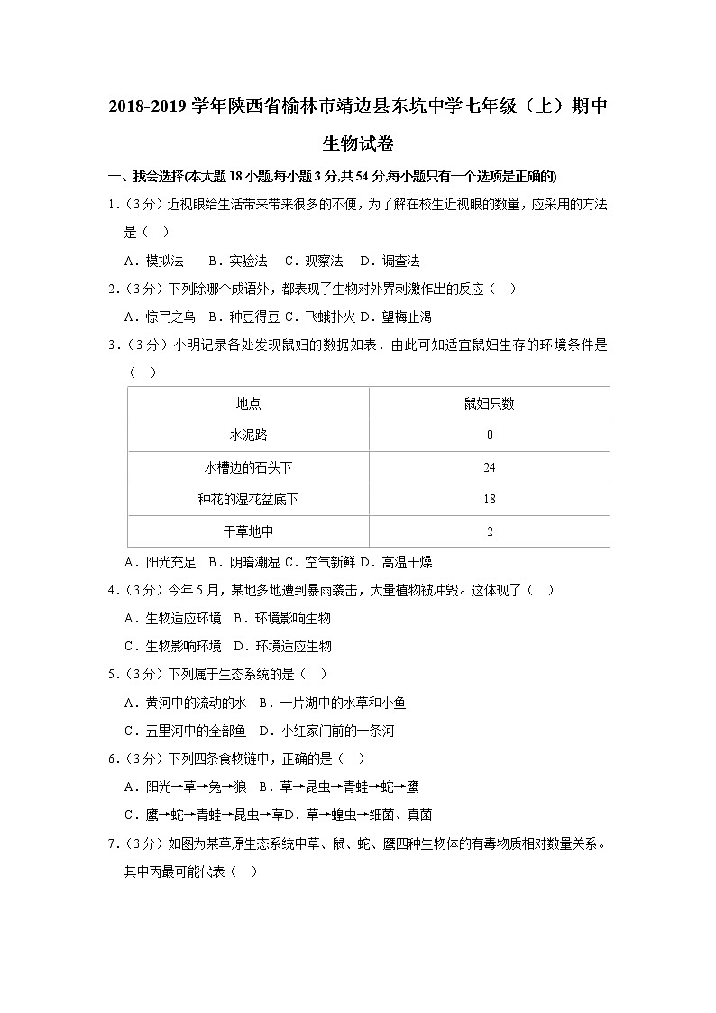 2018-2019学年陕西省榆林市靖边县东坑中学七年级(上)期中生物试卷(含解析)第1页