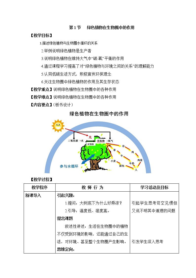 第七章第一节绿色植物在生物圈中的作用 教案北师大版七年级上册生物01