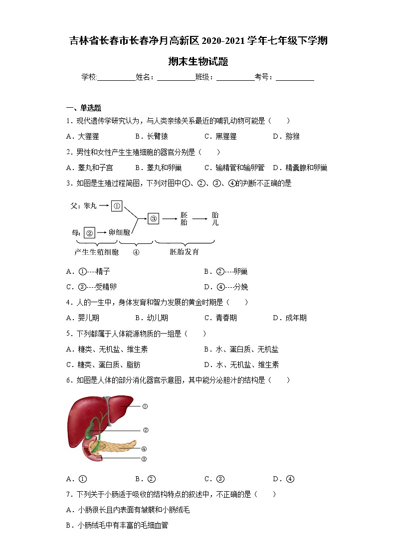 吉林省长春市长春净月高新区2020-2021学年七年级下学期期末生物试题(word版 含答案)第1页