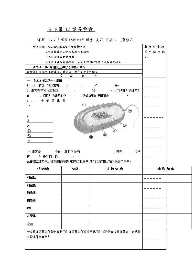 苏科版生物七年级下册 5.13.2 土壤里的微生物 导学案01