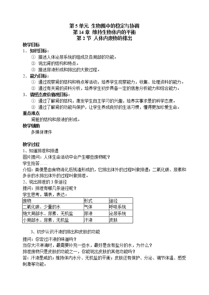 苏科版生物八年级上册 5.2 人体内废物的排出 学案 (一)01