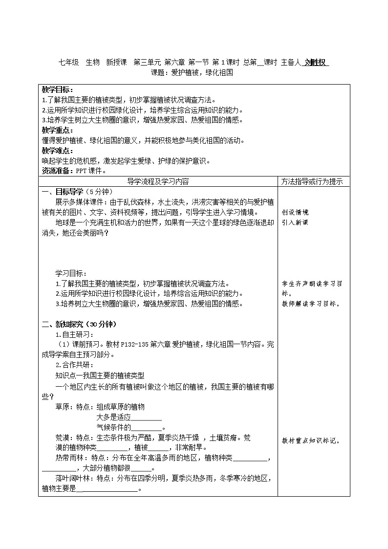 人教版初中生物3.6《爱护植被,绿化祖国》教案第1页