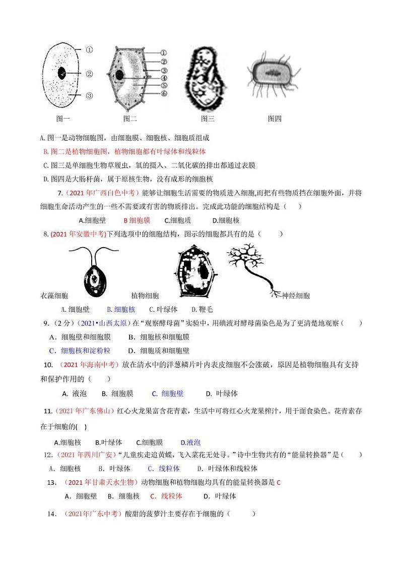 2021年全国中考生物真题分类汇编:细胞的结构和功能专项复习解析版第2页