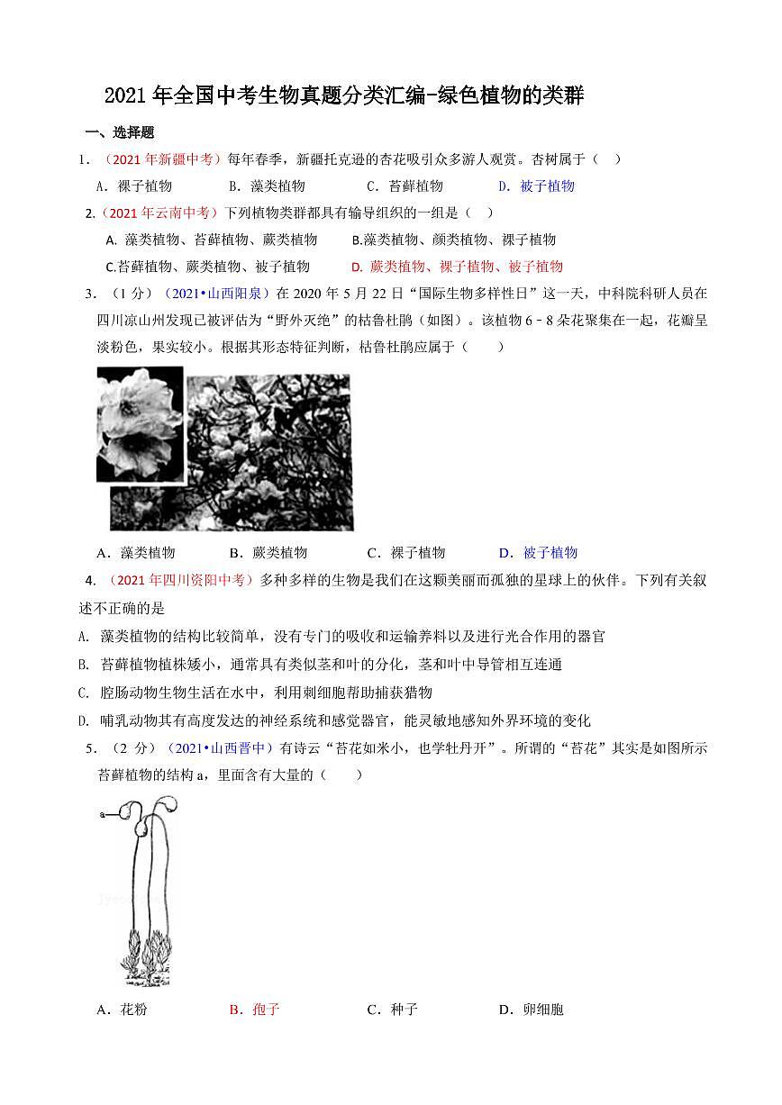 2021年全國中考生物真題分類匯編：綠色植物的類群專項復習解析版第1頁