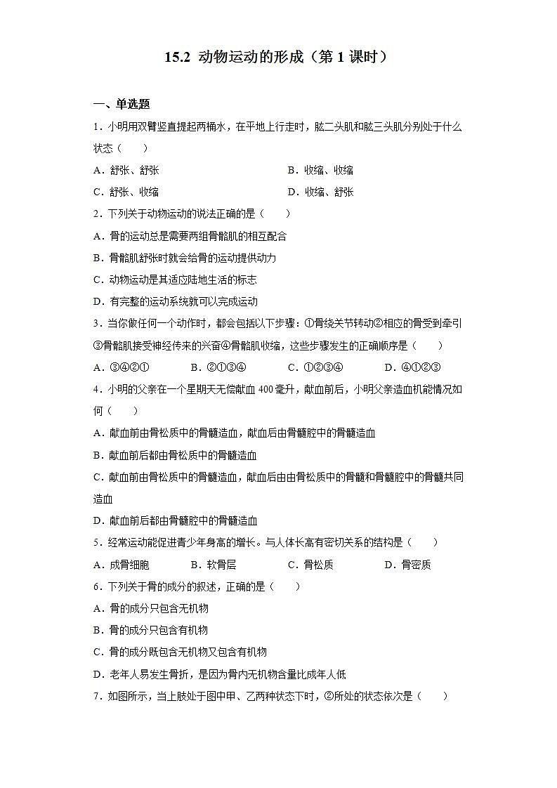 北师大版八年级上册 15.2 动物运动的形成(第1课时) 习题第1页