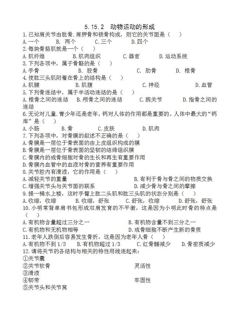 北师大版生物八年级上册《动物运动的形成》练习题(1)01