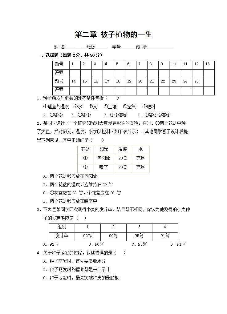 2021-2022人教版七年级生物上册 第三单元生物圈中的绿色植物第二章被子植物的一生检测卷第1页