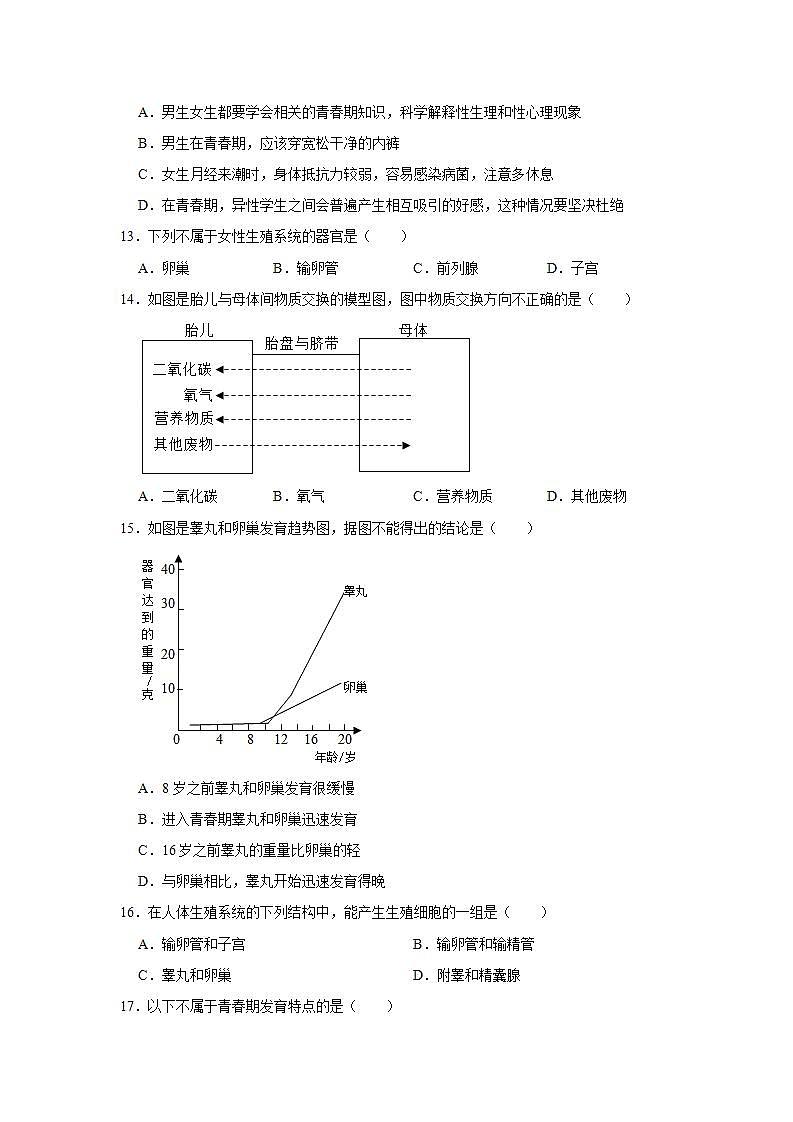19.1 人的生殖和发育 复习题2021--2022学年北师大版生物八年级上册(word版含答案)03