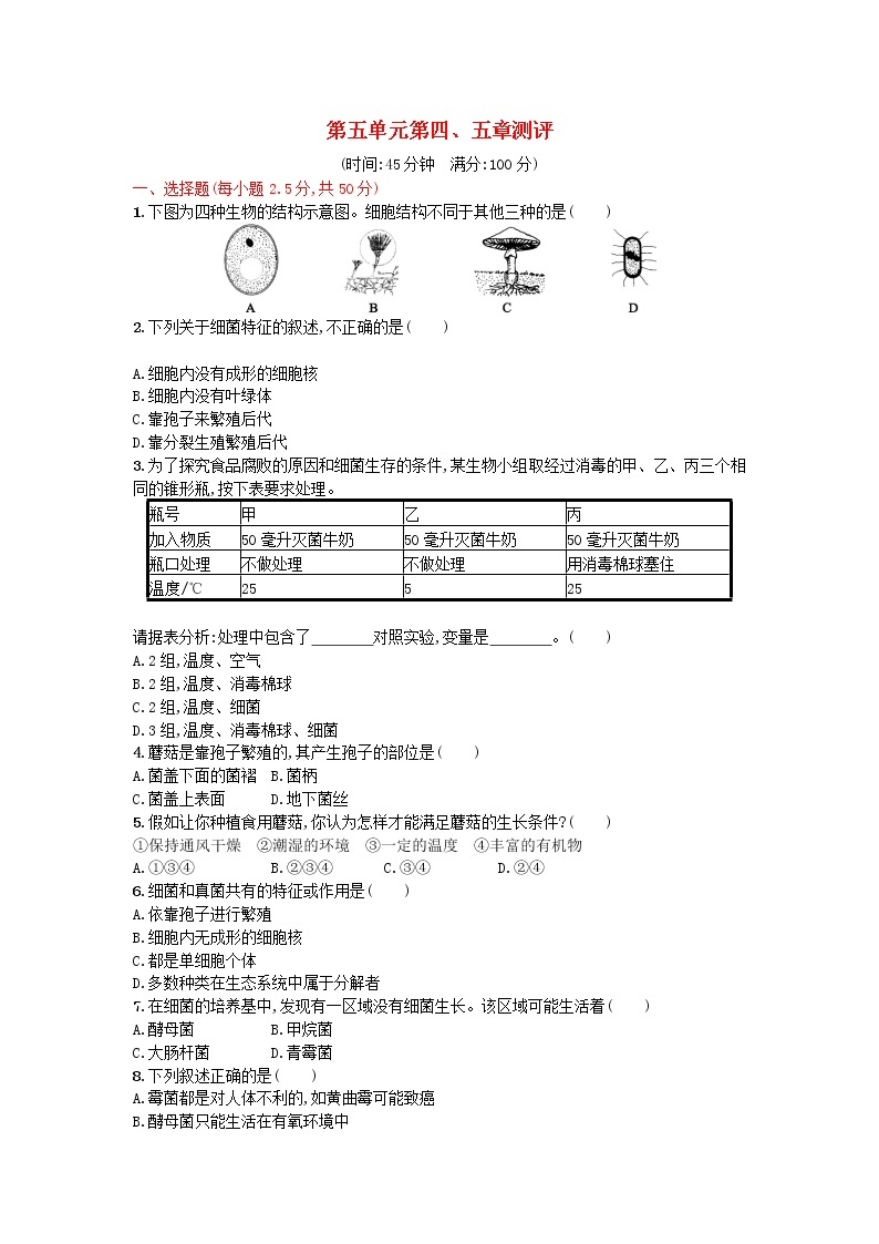 2021-2022人教版八年级上册生物 第五单元第四、五章 测评练习 习题01