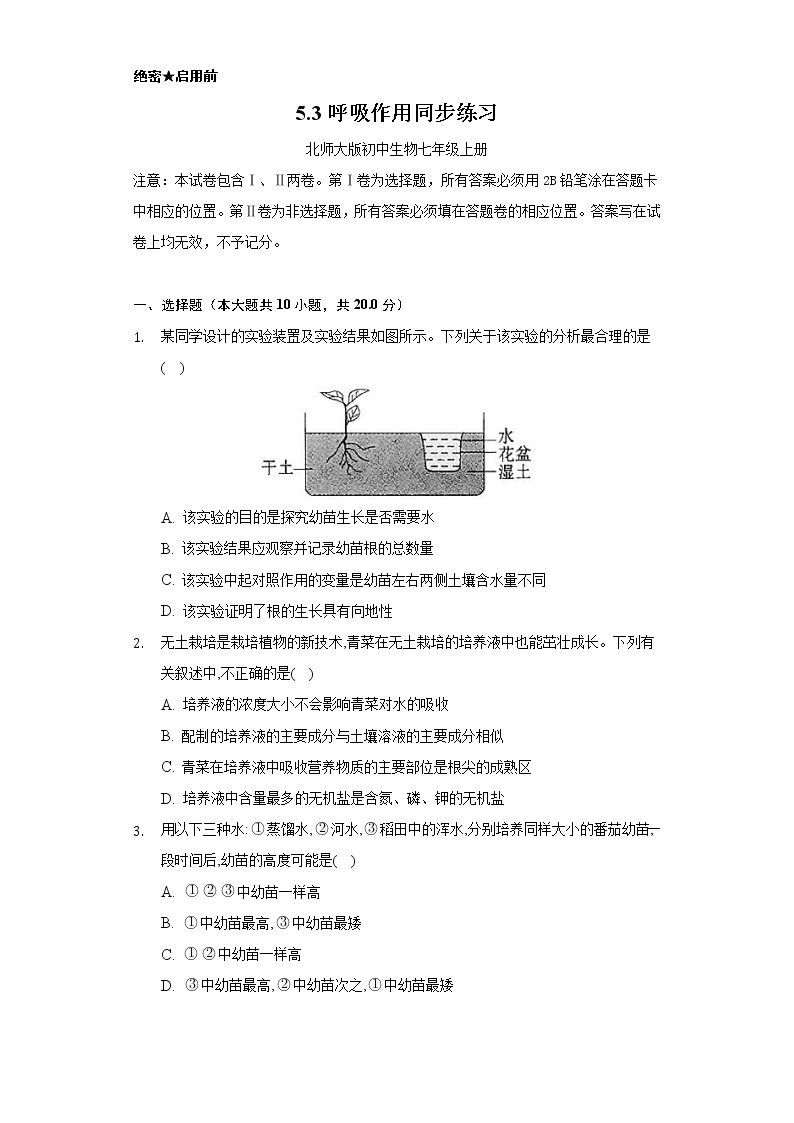 5.3呼吸作用    同步练习    北师大版初中生物七年级上册01