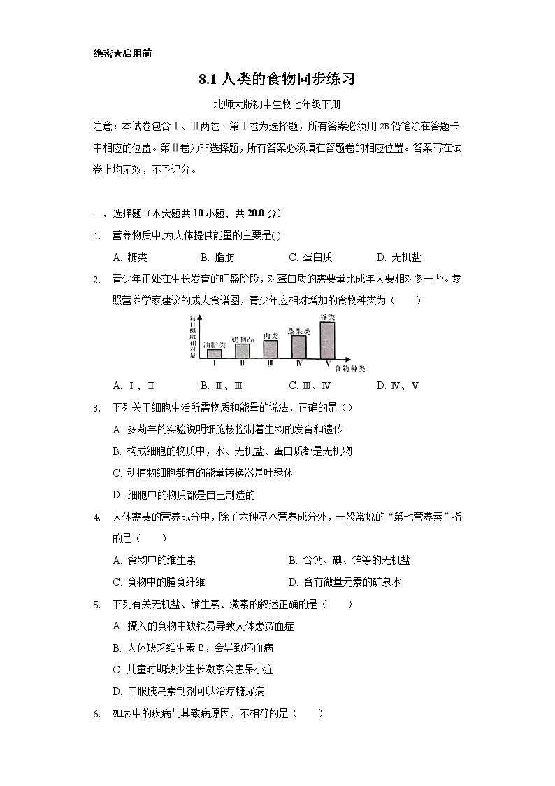 8.1人类的食物    同步练习   北师大版初中生物七年级下册01