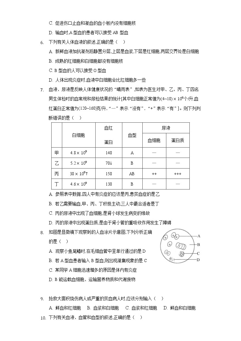 9.1血液    同步练习     北师大版初中生物七年级下册02